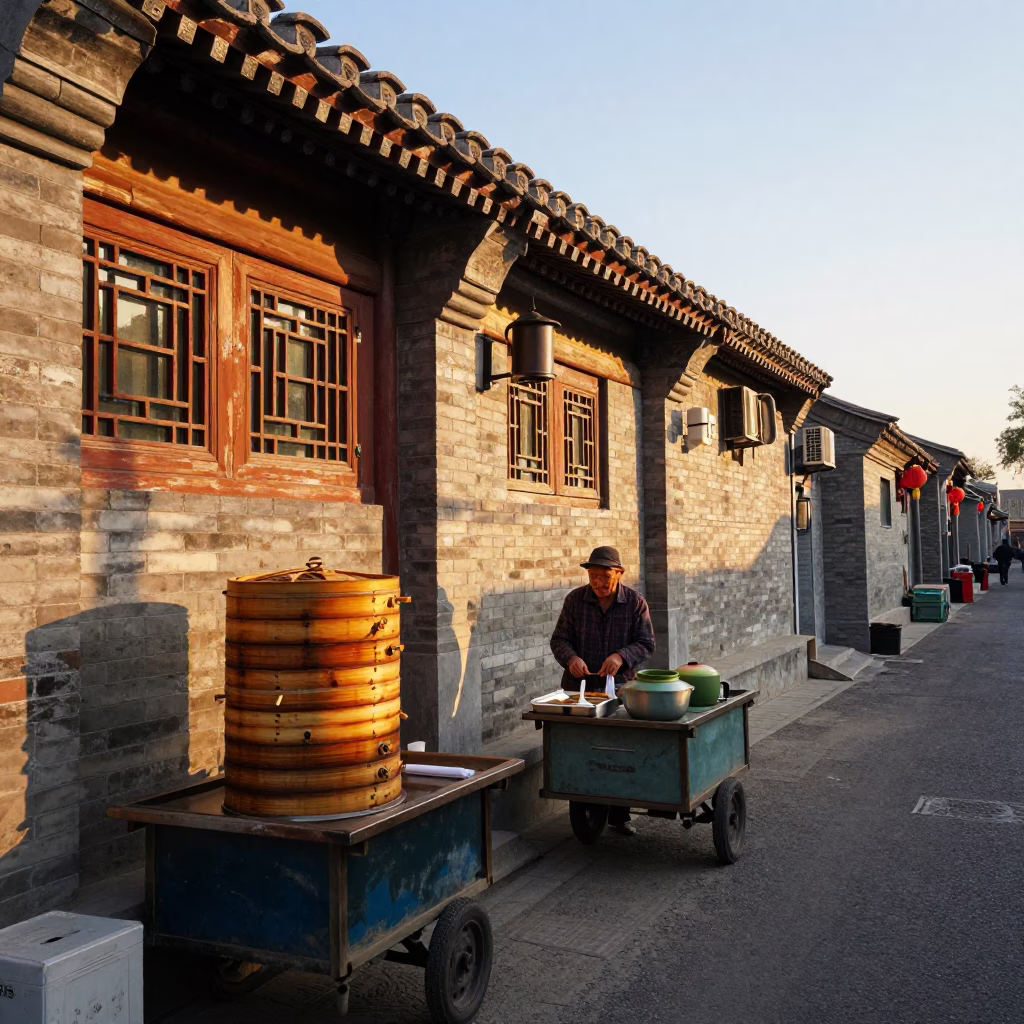 Beijing Hutong Alley Golden Hour with Bamboo Steamers and Local Street Life in in Beijing, China