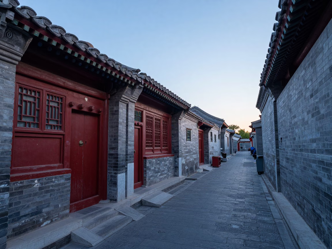 Beijing Hutong Alley Morning Before Sunrise with Traditional Architecture and Local Life in in Beijing, China