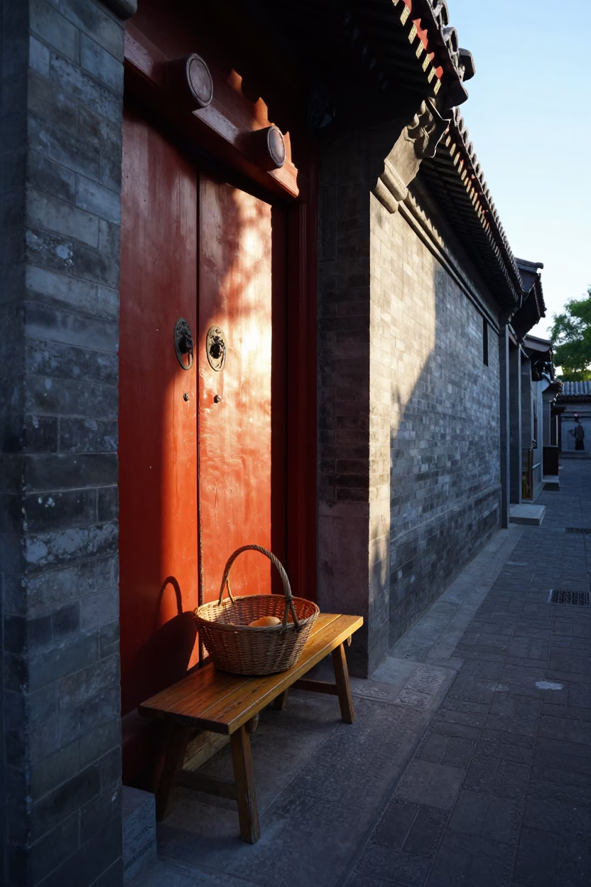 Beijing Hutong Alley Morning Light with Traditional Bread Basket and Local Life in in Beijing, China