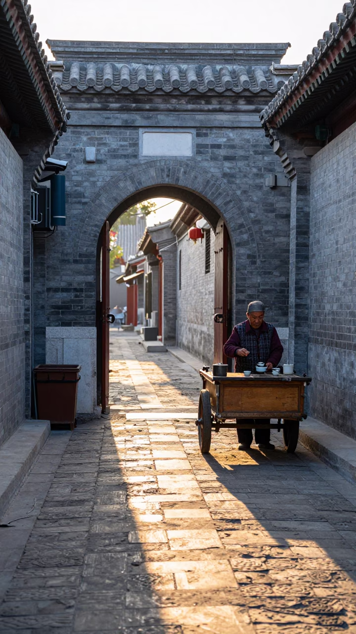 Beijing Hutong Alley Morning Light with Traditional Tea Service and Cherry Branches in in Beijing, China