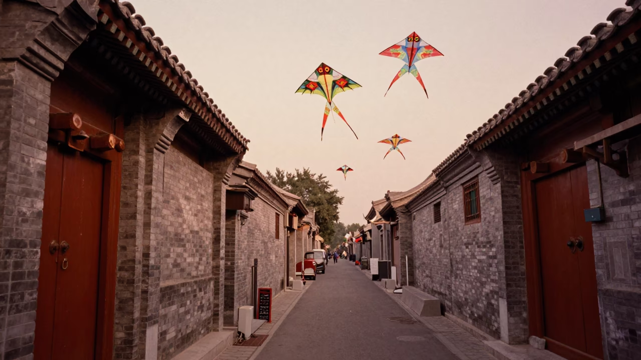 Beijing Hutong Alley Street Scene with Traditional Kites Flying Against Dusk Sky in in Beijing, China