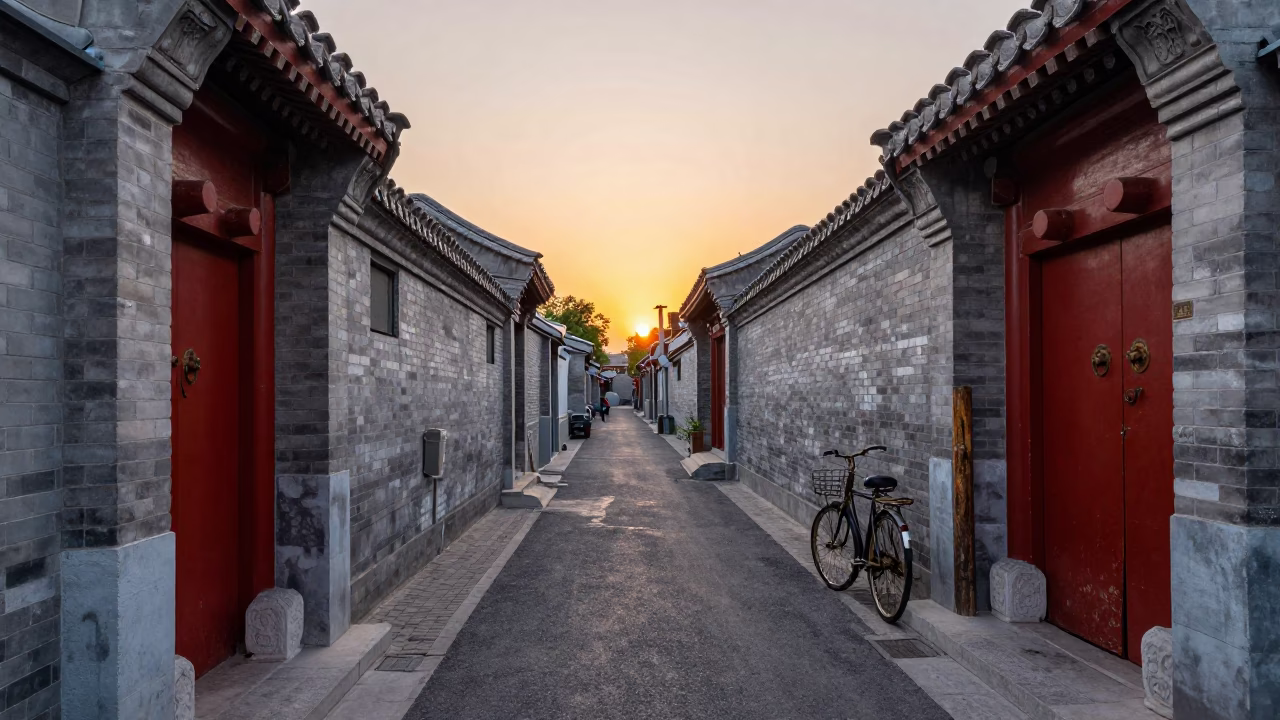 Beijing Hutong Alley Sunset Scene with Traditional Brickwork and Bicycle in in Beijing, China