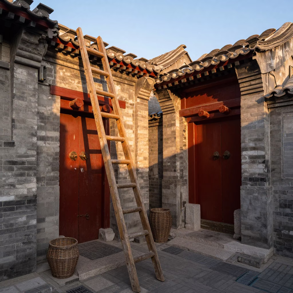 Beijing Hutong Alley Sunset with Wooden Ladder and Wicker Shadows on Plaster Wall in in Beijing, China