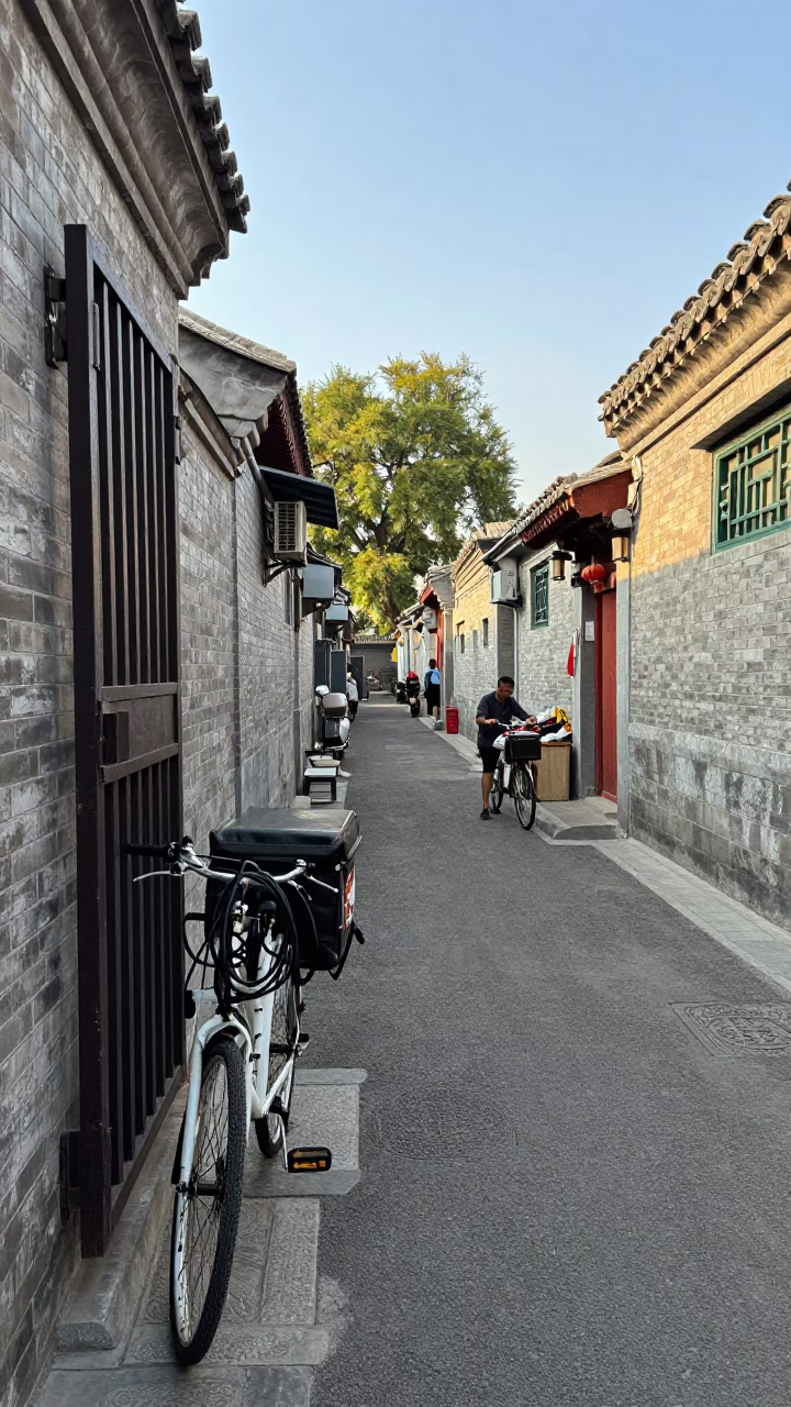 Beijing Hutong Alleyway Afternoon Scene with Bicycle and Shopkeeper in in Beijing, China