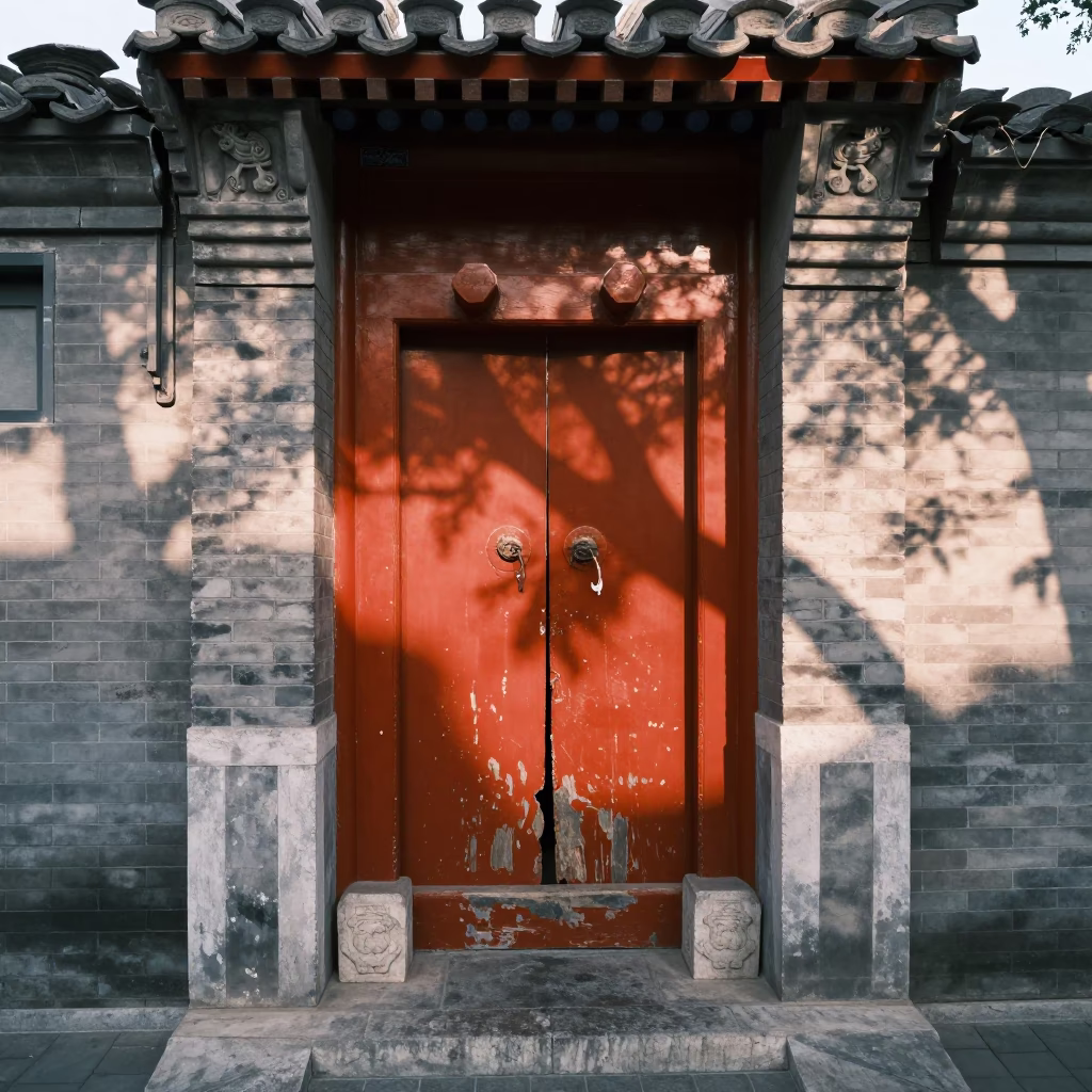 Beijing Hutong Alleyway Afternoon with Traditional Doorframe and Dappled Leaf Shadows in in Beijing, China