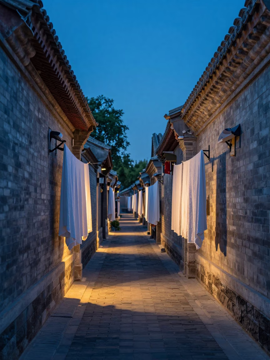 Beijing Hutong Alleyway at Blue Hour with Drying Towels and Stone Walls in in Beijing, China