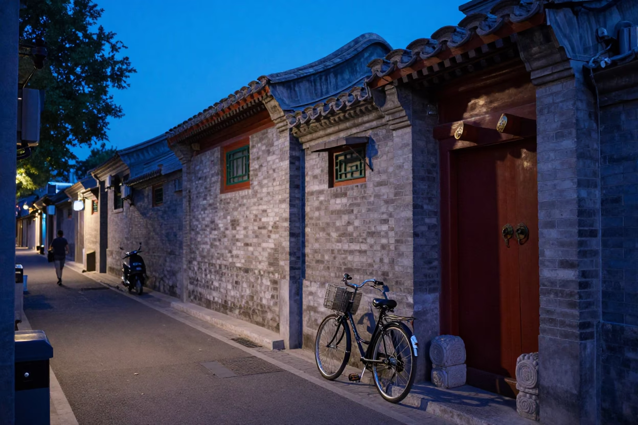 Beijing Hutong Alleyway at Blue Hour with Traditional Courtyard and Street Life in in Beijing, China