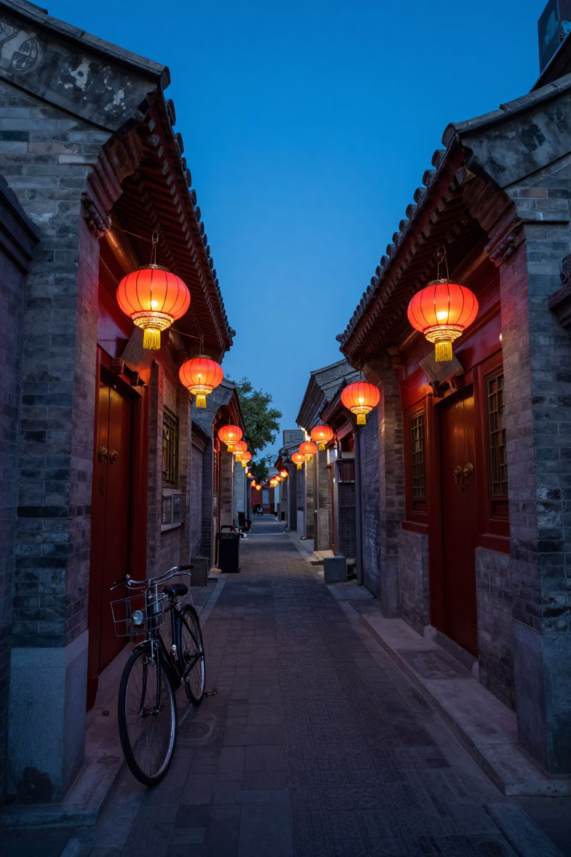 Beijing Hutong Alleyway at Blue Hour with Traditional Lanterns and Vintage Bicycle in in Beijing, China