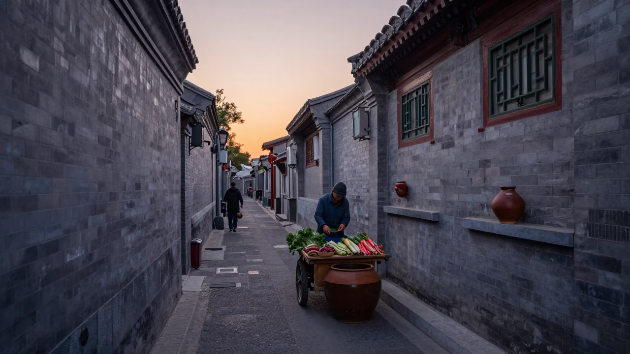 Beijing Hutong Alleyway at Dawn with Clay Pot and Jade Plant Bonsai in in Beijing, China