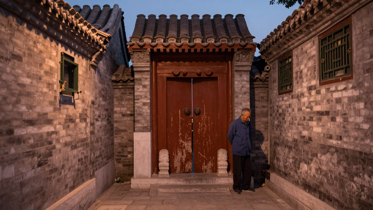 Beijing Hutong Alleyway at Dusk with Ceramic Cup and Glass Tumblers in in Beijing, China