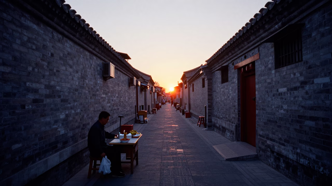 Beijing Hutong Alleyway at Dusk with Street Vendor and Traditional Life in in Beijing, China