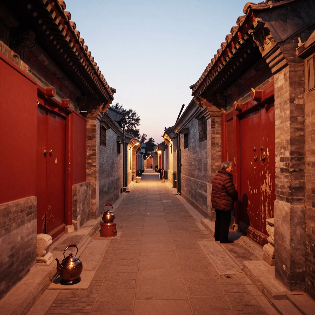 Beijing Hutong Alleyway at Dusk with Traditional Tea Kettles and Urban Life in in Beijing, China