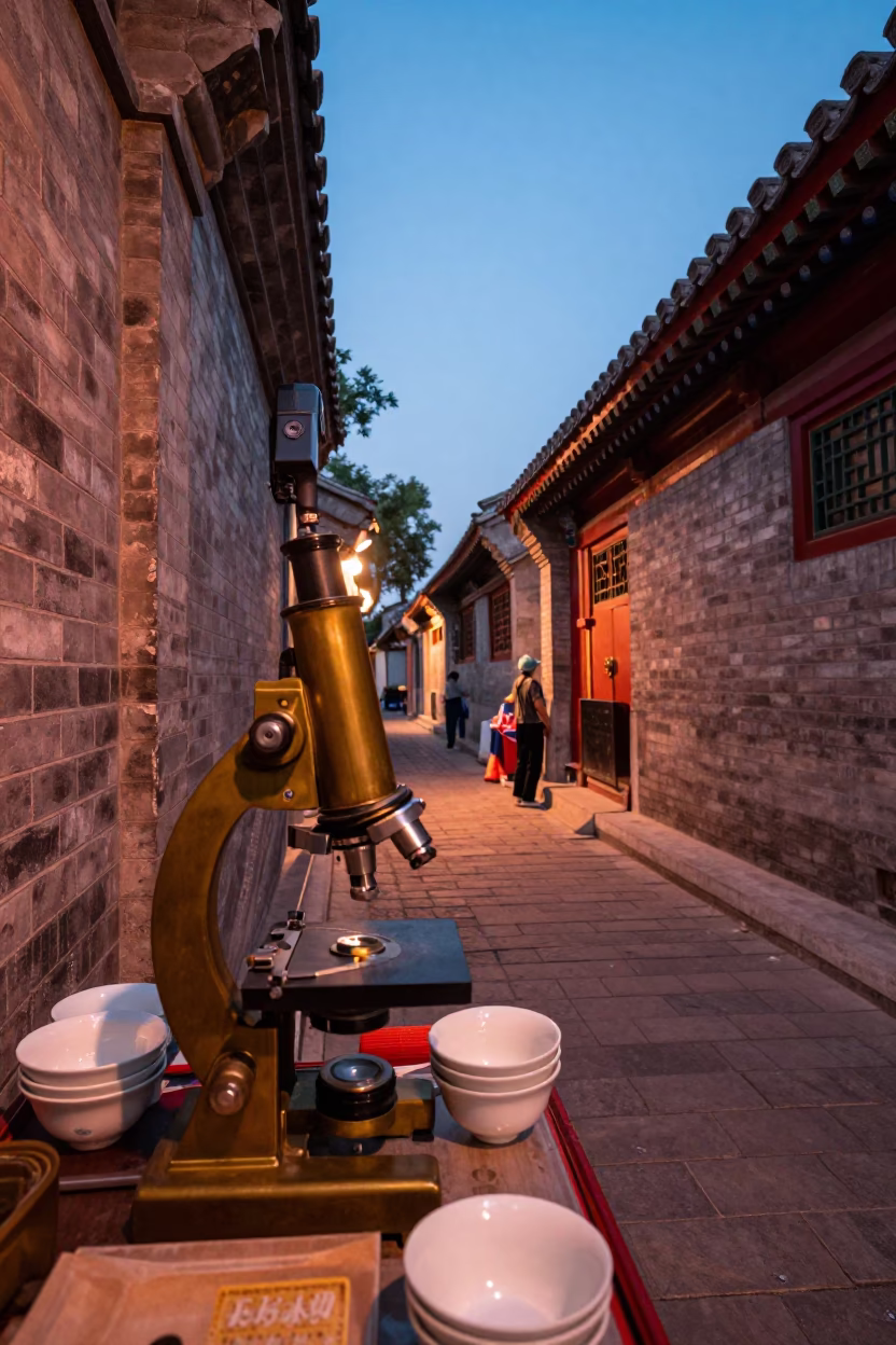 Beijing Hutong Alleyway at Dusk with Vintage Brass Microscope and Stacked Saucers in in Beijing, China
