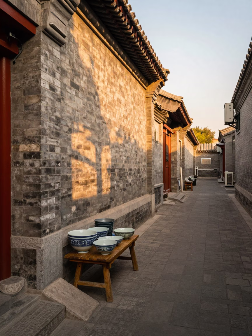 Beijing Hutong Alleyway at Golden Hour with Traditional Ceramic Bowls and Stone Pots in in Beijing, China
