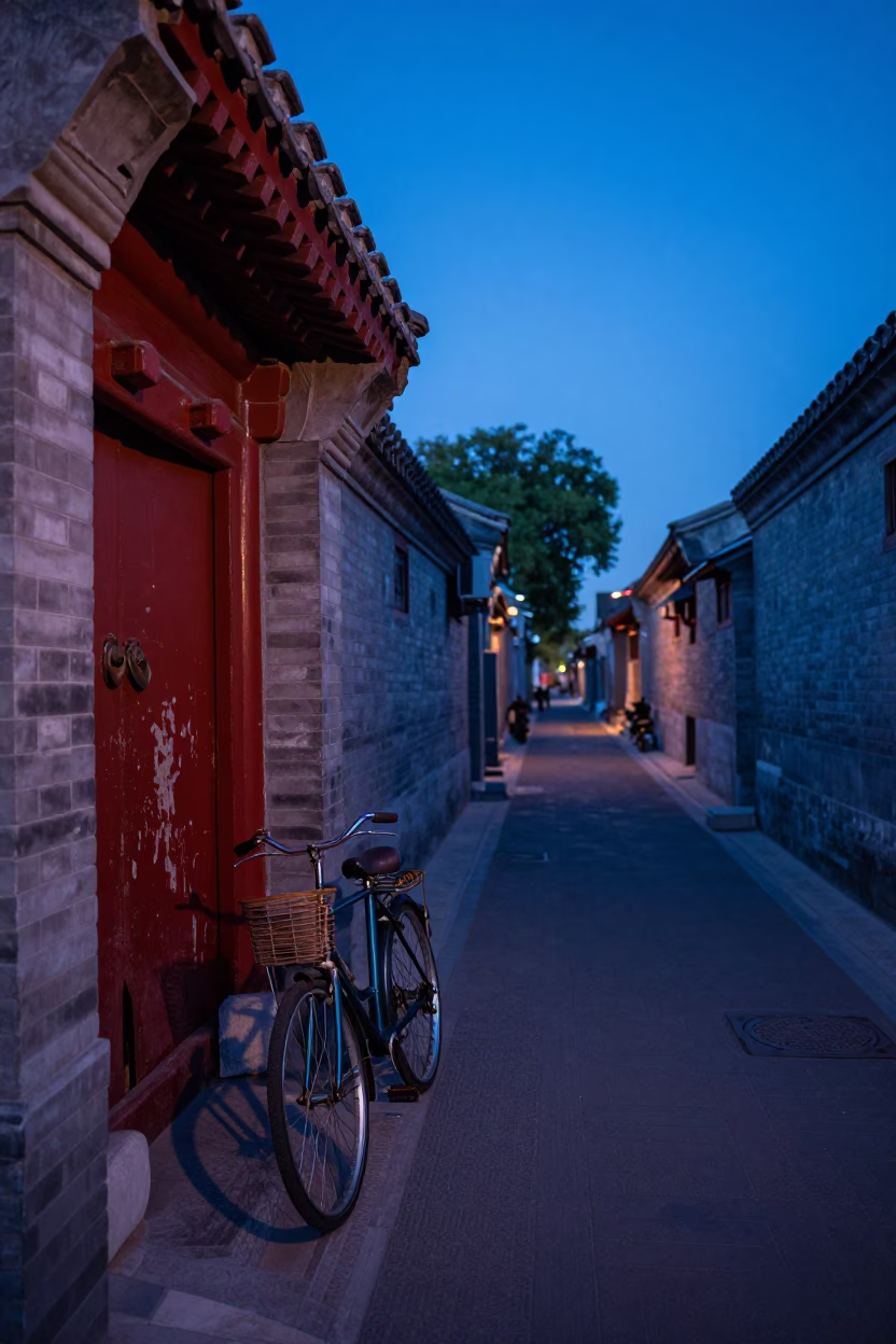 Beijing Hutong Alleyway at Indigo Twilight with Bicycle and Neon Signage in in Beijing, China