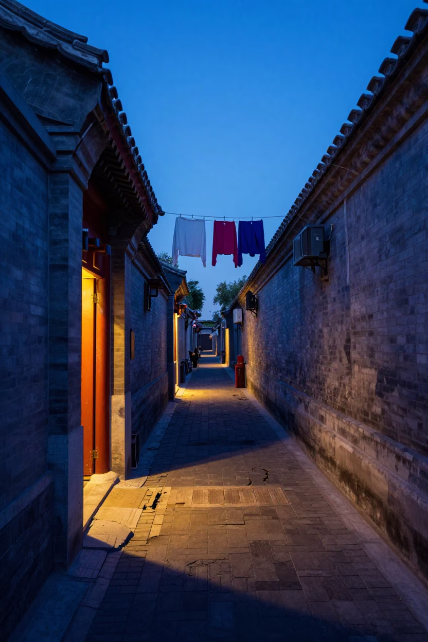 Beijing Hutong Alleyway at Indigo Twilight with Hanging Laundry and Electric Scooter in in Beijing, China