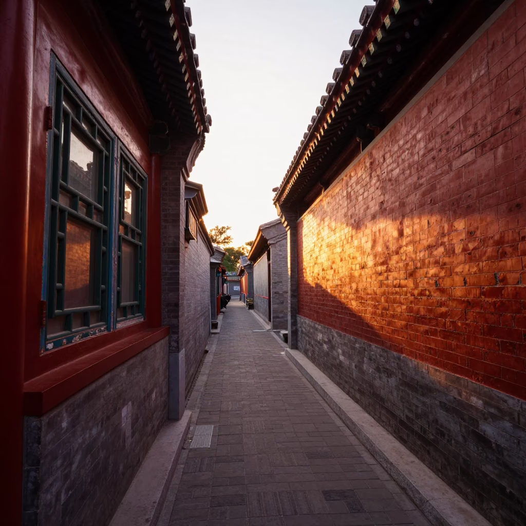 Beijing Hutong Alleyway at Sunset Light in in Beijing, China