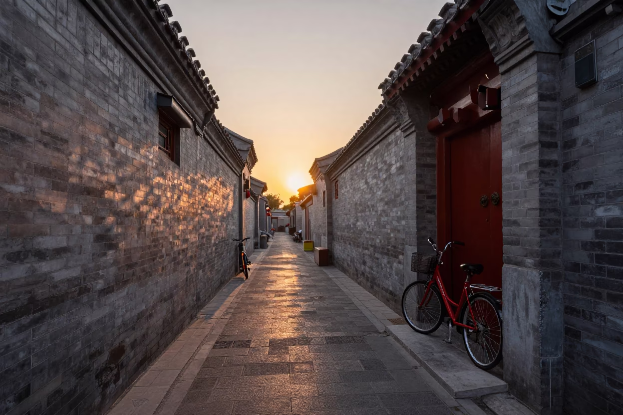 Beijing Hutong Alleyway at Sunset with Bicycle and Hanging Laundry in in Beijing, China