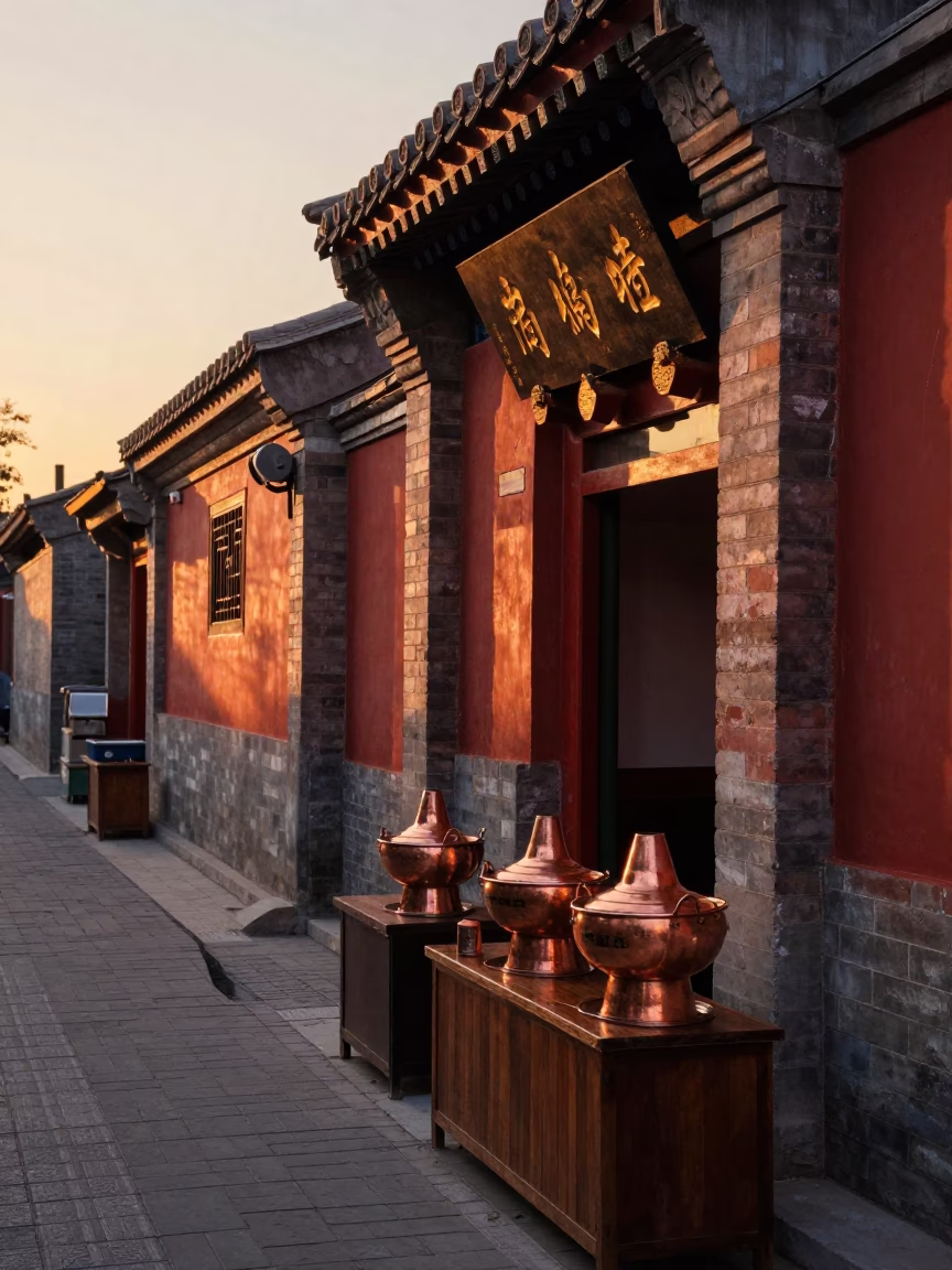 Beijing Hutong Alleyway at Sunset with Copper Pots and Traditional Teahouse Activity in in Beijing, China