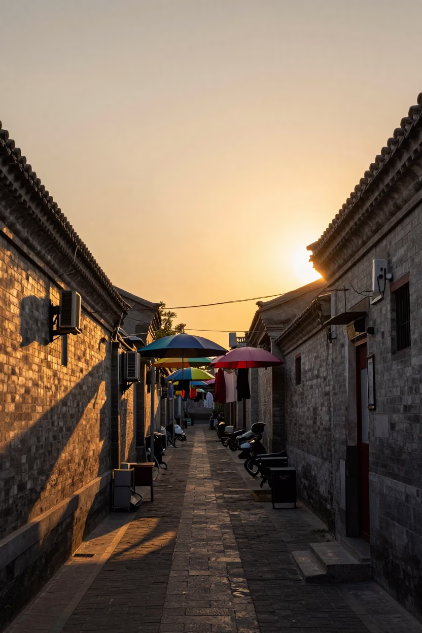 Beijing Hutong Alleyway at Sunset with Umbrellas and Local Street Life in in Beijing, China