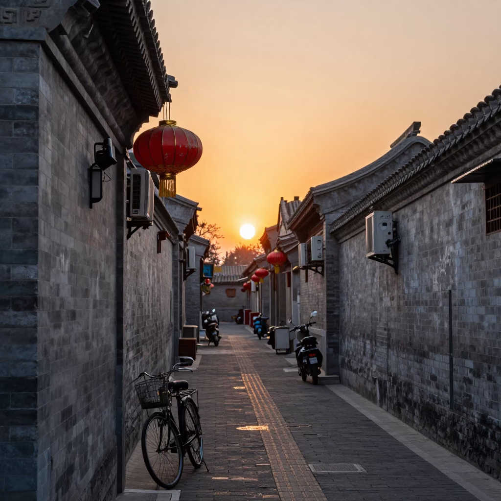 Beijing Hutong Alleyway at Sunset with Vintage Bicycle and Red Lanterns in in Beijing, China