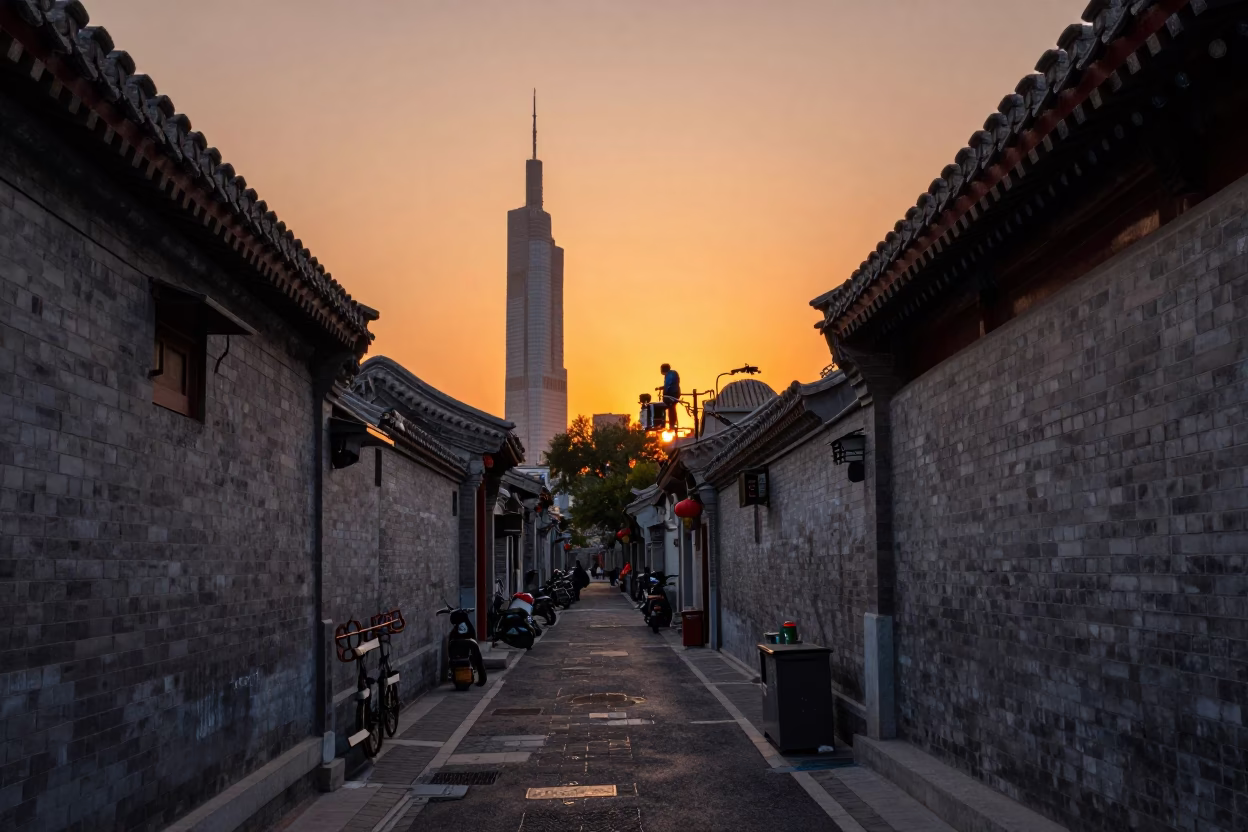 Beijing Hutong Alleyway at Sunset with Window Washer on High Rise in in Beijing, China