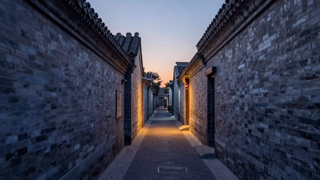 Beijing Hutong Alleyway at The Still Hours Before Dawn Light in in Beijing, China