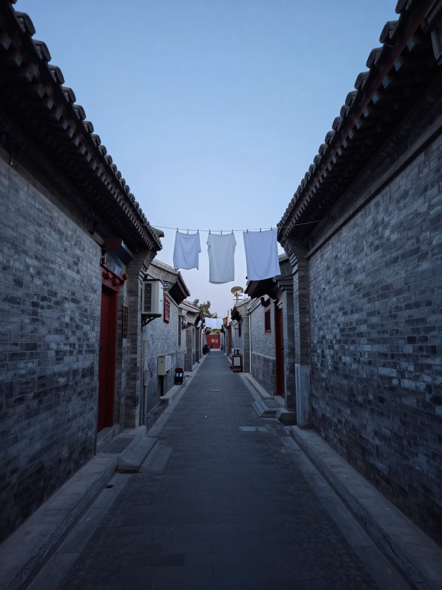 Beijing Hutong Alleyway at Twilight with Hanging Laundry and Traditional Architecture in in Beijing, China