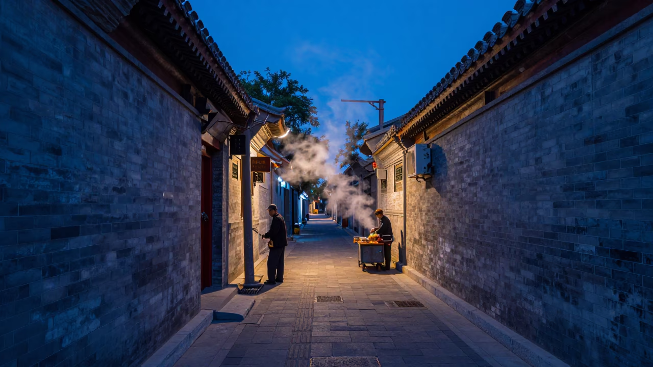 Beijing Hutong Alleyway at Twilight with Steam Rising from Street Vendor Cart in in Beijing, China
