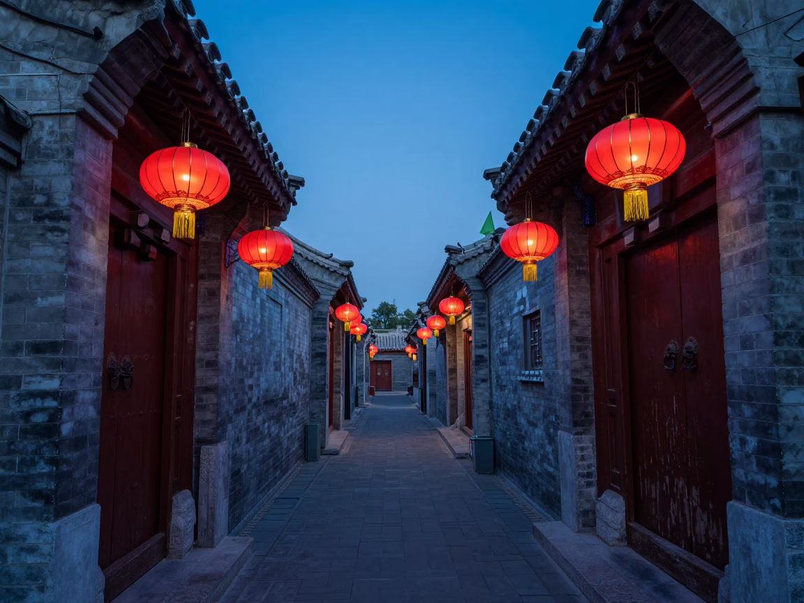 Beijing Hutong Alleyway at Twilight with Traditional Lanterns and Bicycles in in Beijing, China