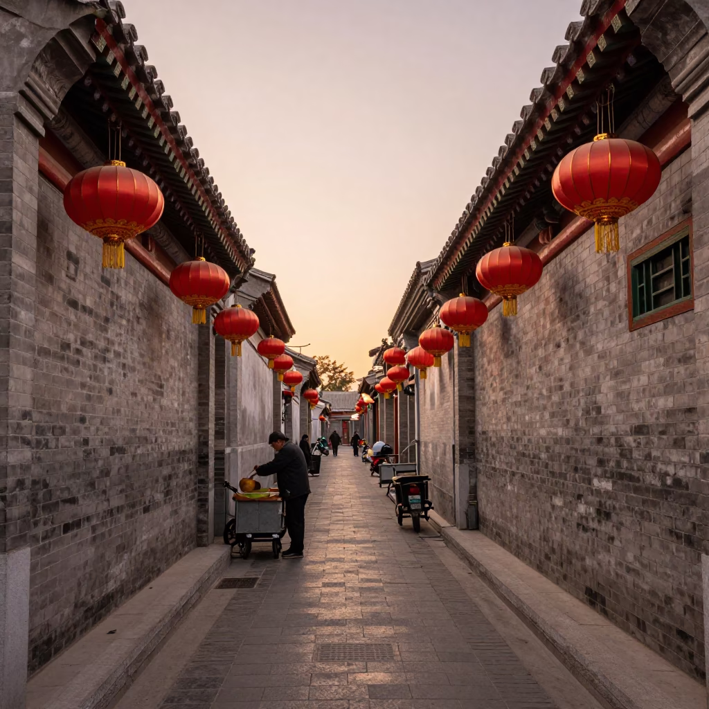 Beijing Hutong Alleyway Before Dusk with Red Lanterns and Street Vendor in in Beijing, China