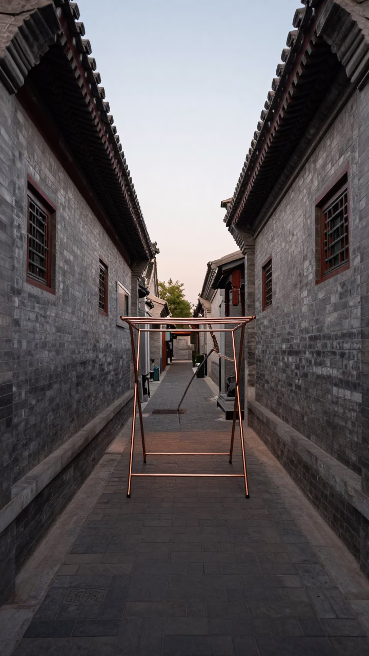 Beijing Hutong Alleyway Drying Rack in Copper Dusk Light with Traditional Architecture in in Beijing, China