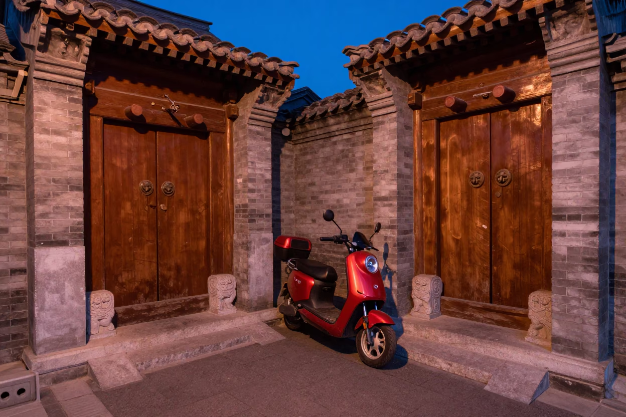 Beijing Hutong Alleyway Dusk Scooter Parked Near Traditional Wooden Door and Red Lanterns in in Beijing, China