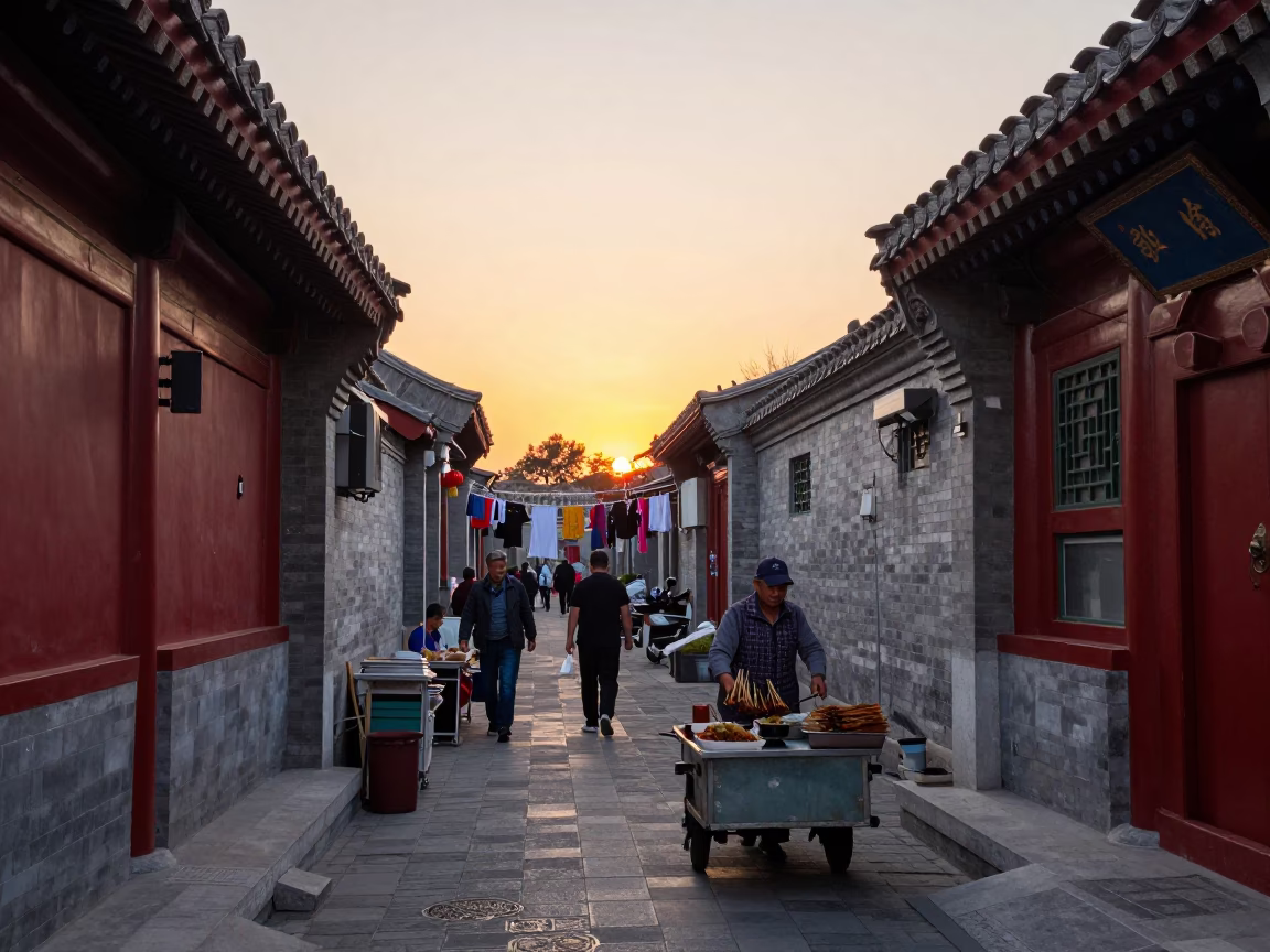 Beijing Hutong Alleyway Evening Life with Laundry and Street Vendor in in Beijing, China