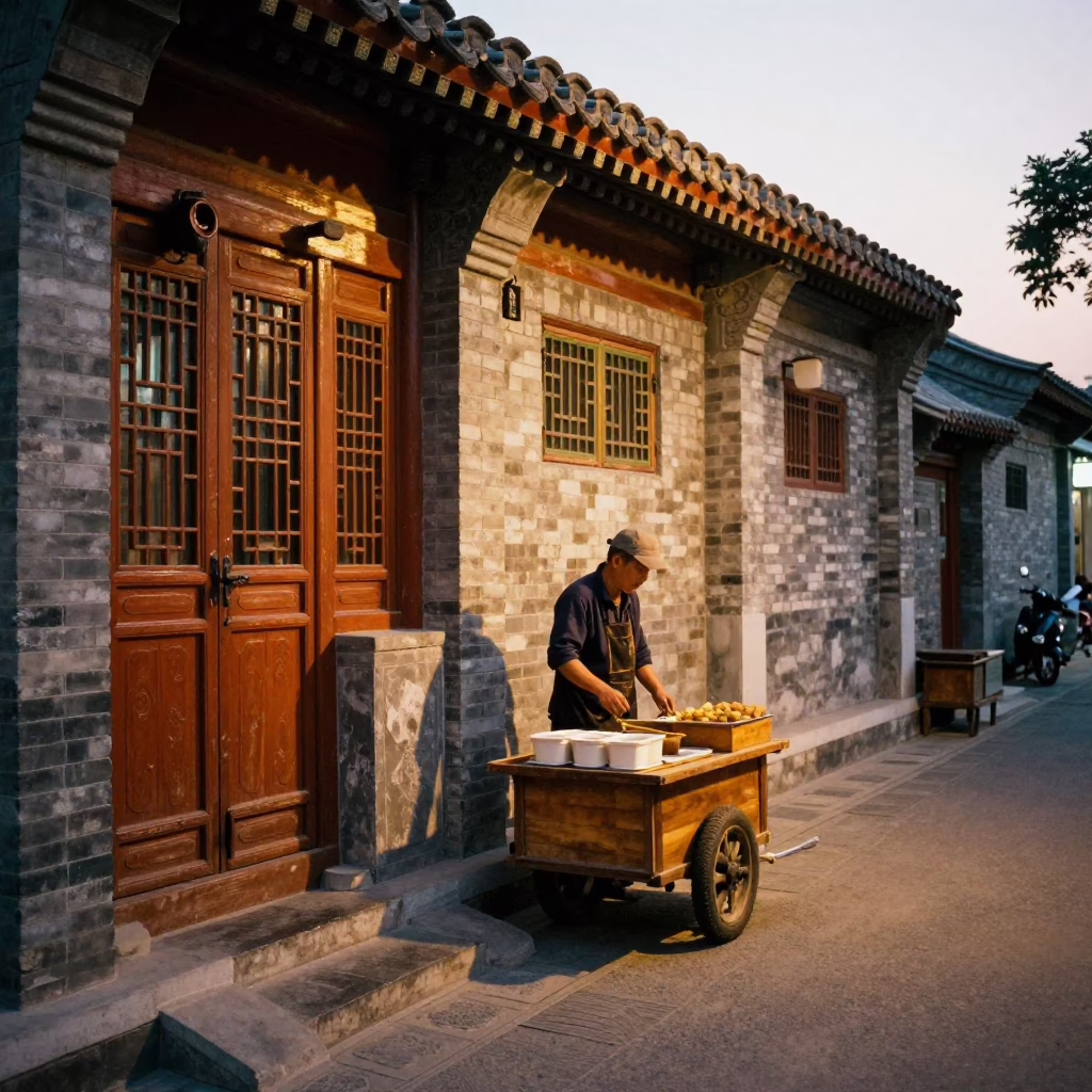 Beijing Hutong Alleyway Evening Life with Traditional Food and Local Street Scene in in Beijing, China