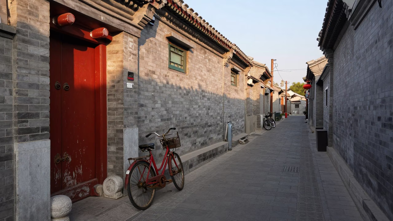 Beijing Hutong Alleyway Evening Light with Bicycle and Stone Architecture in in Beijing, China