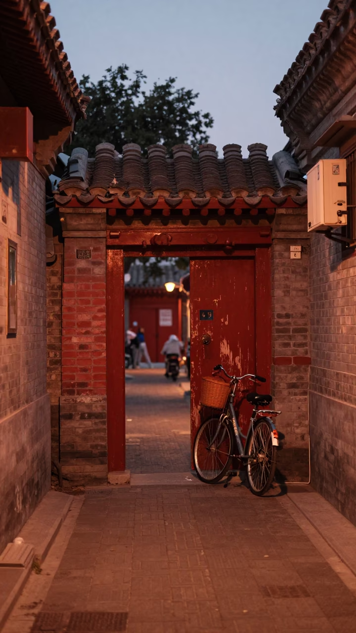 Beijing Hutong Alleyway Evening Light with Bicycle and Street Vendor in in Beijing, China