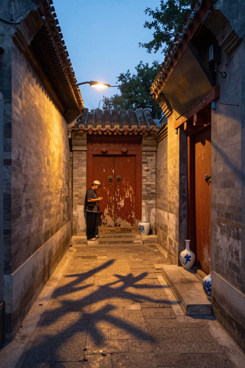 Beijing Hutong Alleyway Evening Light with Blue White Porcelain and Pedal Boat in in Beijing, China
