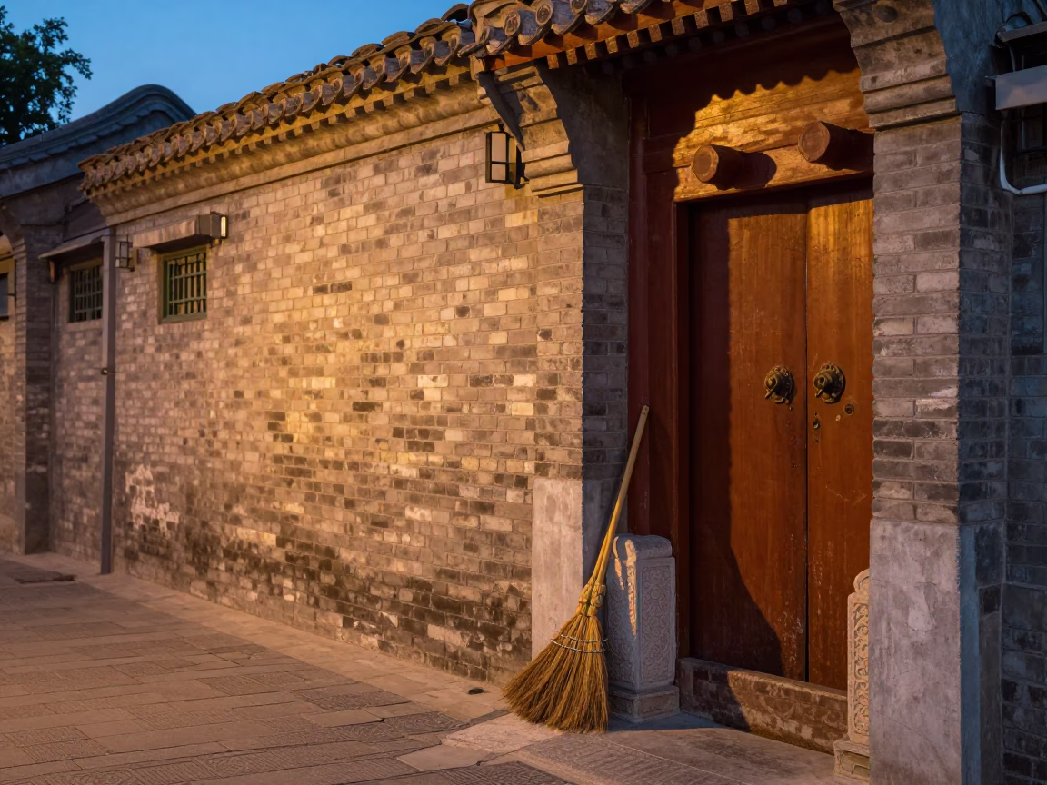 Beijing Hutong Alleyway Evening Light with Brooms and Traditional Brick Architecture in in Beijing, China