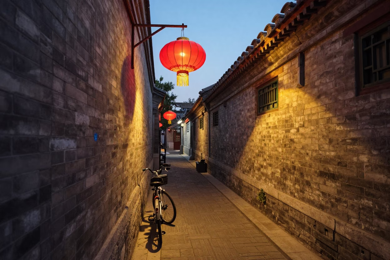 Beijing Hutong Alleyway Evening Light with Paper Lantern and Bicycle in in Beijing, China