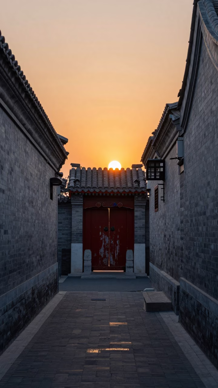 Beijing Hutong Alleyway Evening Light with Traditional Architecture and Local Life in in Beijing, China