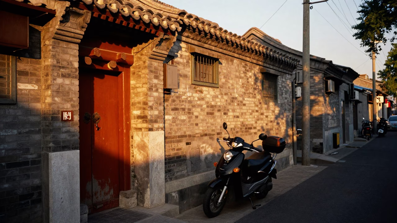 Beijing Hutong Alleyway Evening Scene with Motorcycle and Street Life in in Beijing, China