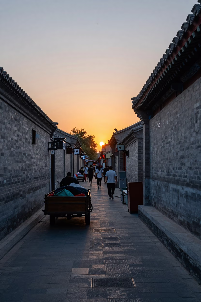 Beijing Hutong Alleyway Evening Street Life with Cargo Barge on Canal in in Beijing, China