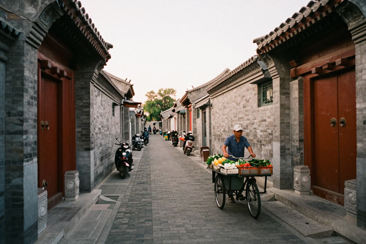 Beijing hutong alleyway evening street life with traditional courtyard details in in Beijing, China