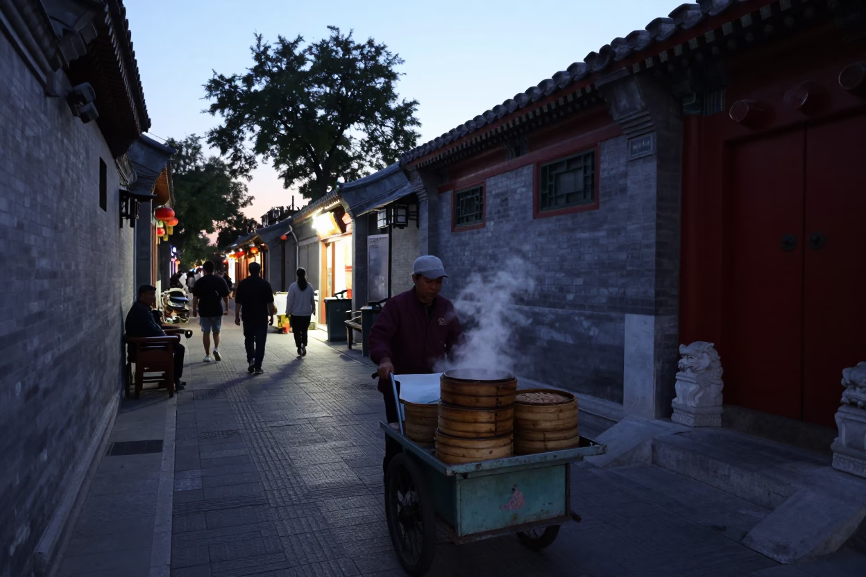 Beijing Hutong Alleyway Evening Street Life with Vendor and Traditional Architecture in in Beijing, China