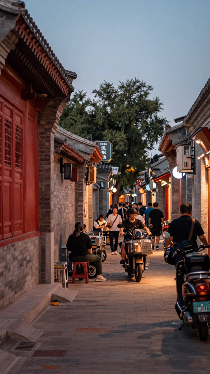 Beijing Hutong Alleyway Evening Street Life with Vintage Bakelite Telephone in in Beijing, China