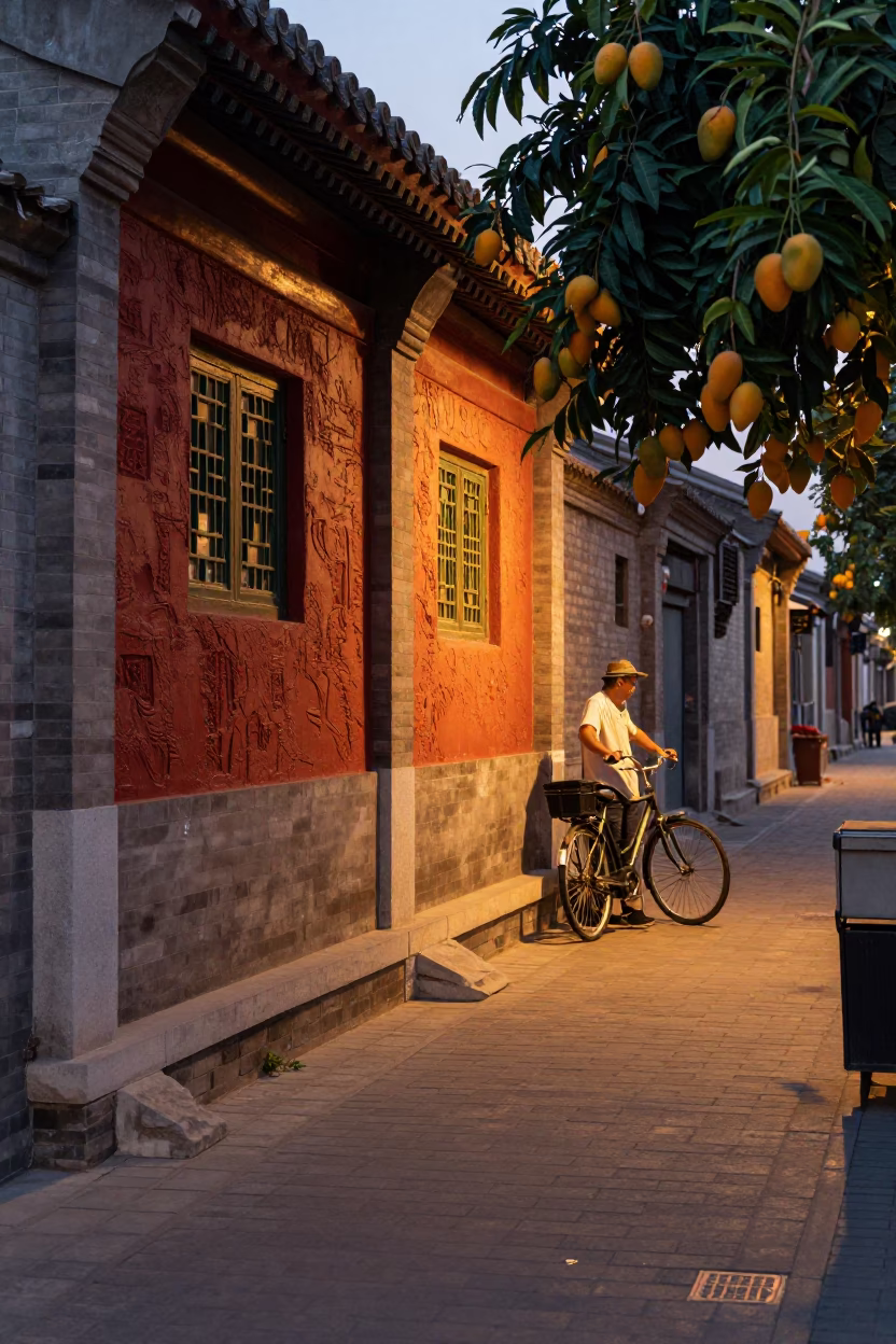 Beijing Hutong Alleyway Evening Street Scene with Mangoes and Local Life in in Beijing, China