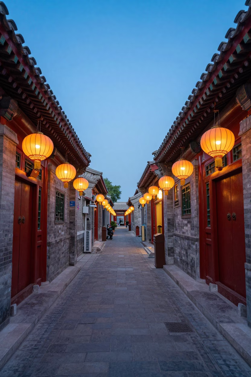 Beijing Hutong Alleyway Evening with Paper Lanterns and Traditional Architecture in in Beijing, China