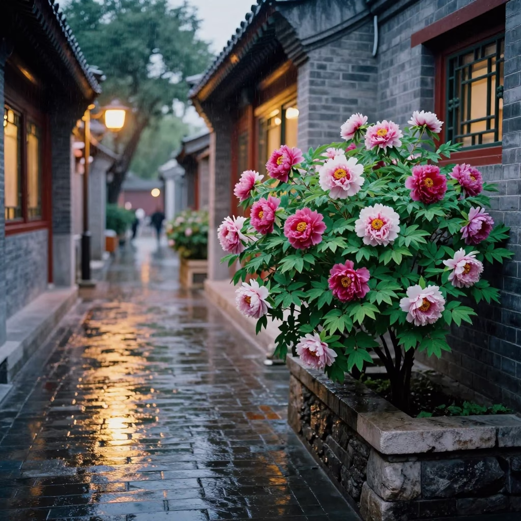 Beijing Hutong Alleyway Evening with Rain-Soaked Peonies and Traditional Brick Architecture in in Beijing, China