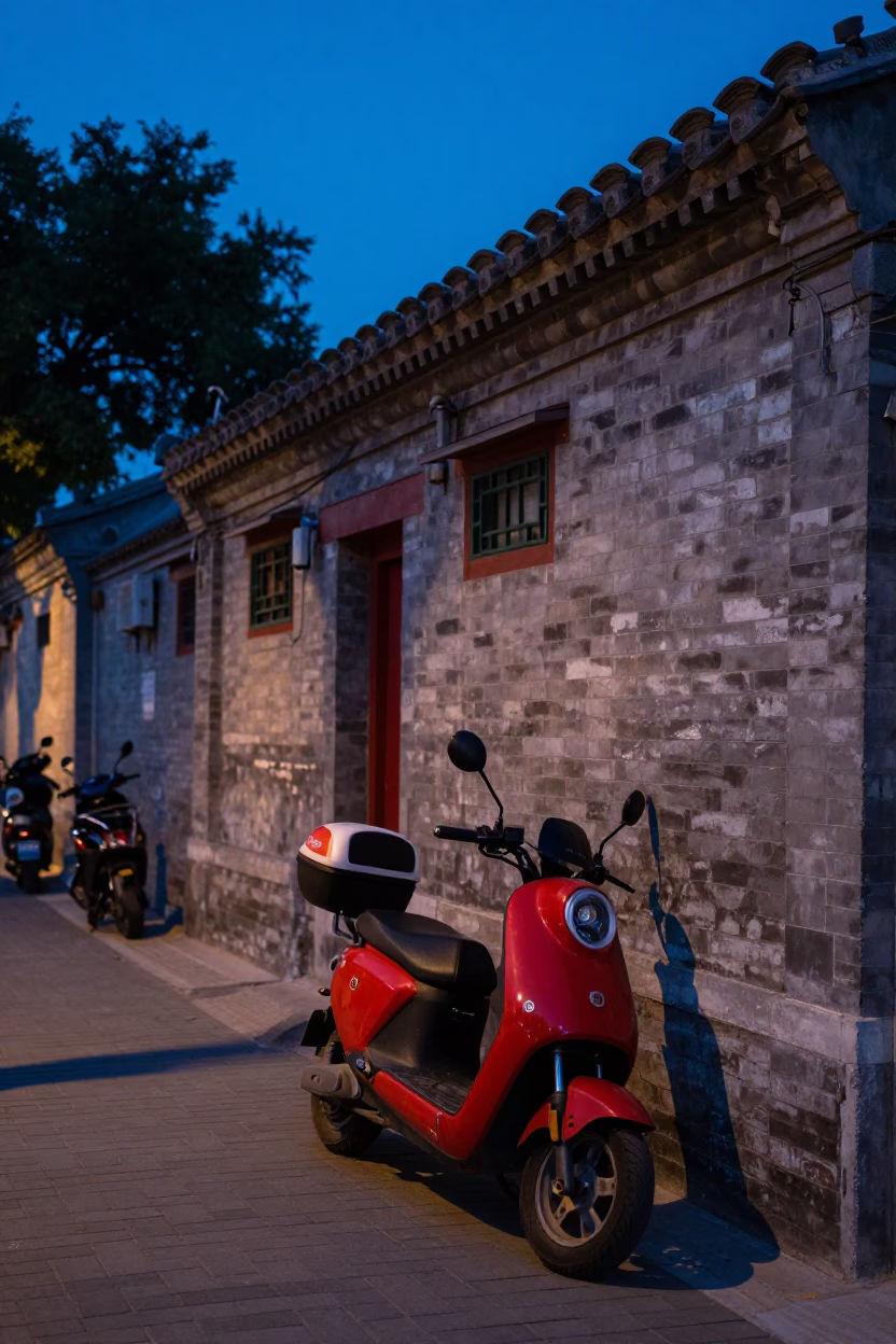 Beijing Hutong Alleyway Evening with Scooter and Traditional Architecture in in Beijing, China